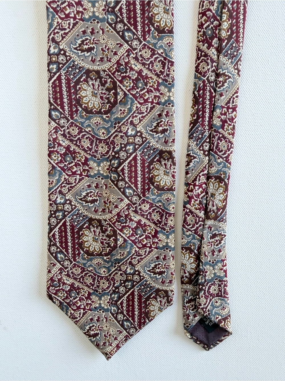 Vintage Christian Dior Monsieur 100% Silk Paisley Geometric Tie Burgundy Blue